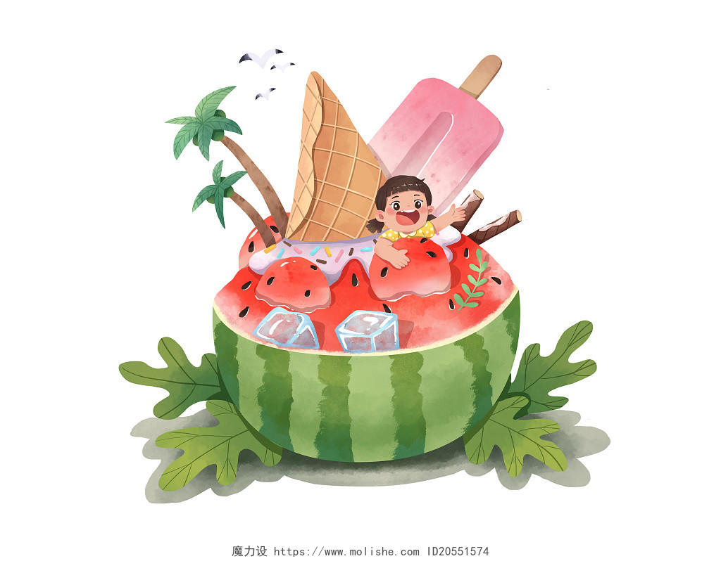 夏天女孩开心和西瓜冰淇凌图